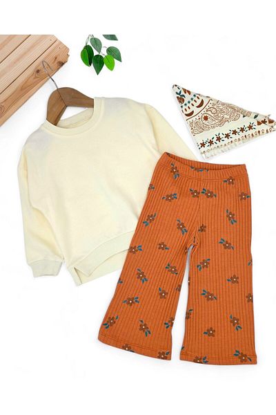 voyyo kids baby Girl's Ethnic Pattern Scarf, Wide Leg Pants 3 Piece Stylish Seasonal Bottom Top Set