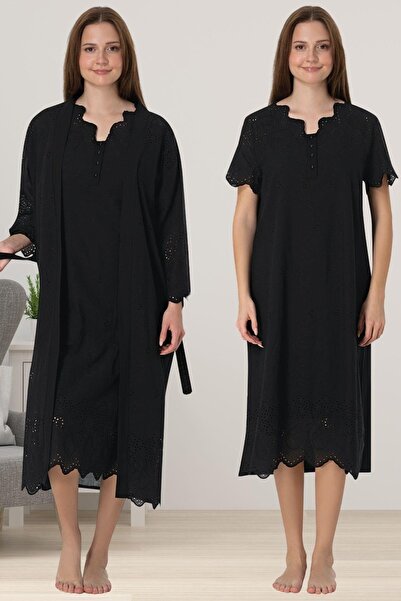 ByLohusa Set cămașă de noapte de maternitate Effortt neagră festonată cu halat