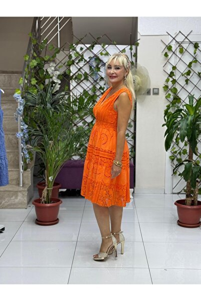 Punta Otantik Nc10143 Italian Strap Lace Coton Dress Orange