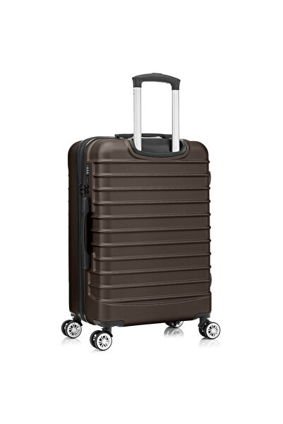 Quasar & Co. Large expandable trolley 77x49x31-36cm, checked luggage, zipped trolley, 4 wheels, ABS suitcase, LINE, Dark Coffee