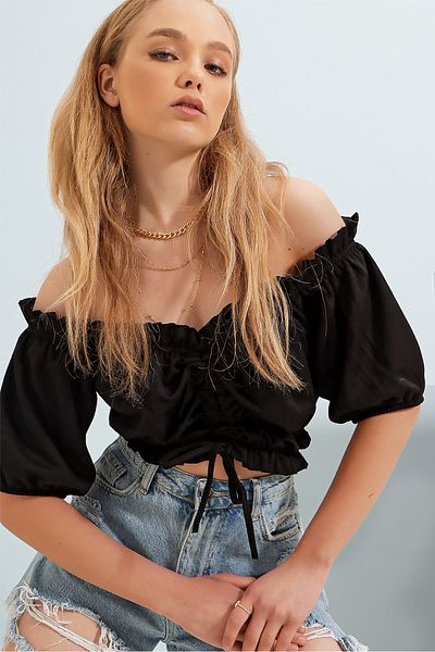 VAGGON Balloon Sleeve Crop Blouse with Gathered Tie Front