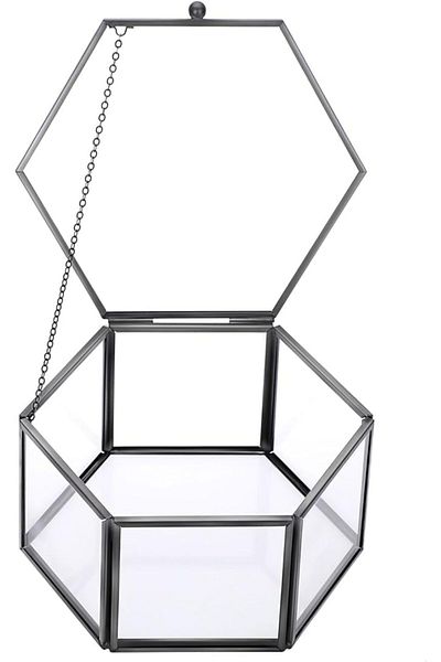 Lamsit Ibdaa Glass Trinket Box, Hexagon, Silver, Keepsake Organizer with Lid (Hexagon)