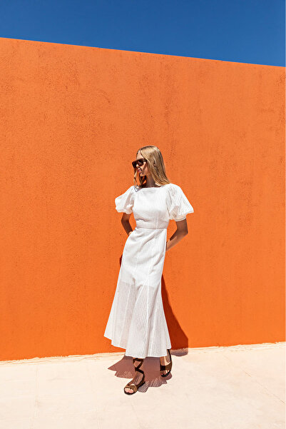 KAMEYA Balloon Sleeve Fisto Ecru Midi Dress