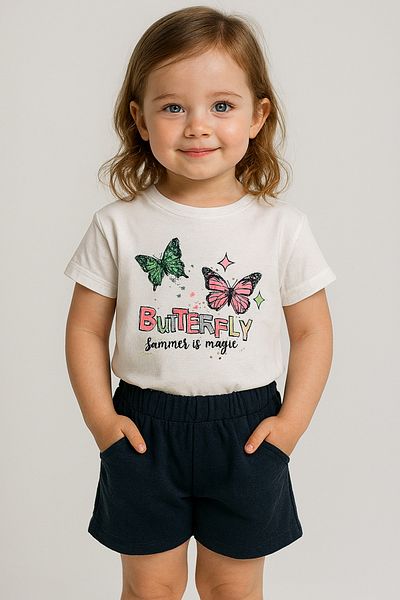 Uğur bebe Cicihlid Girls Butterfly Print T-Shirt and Pocket Shorts Set - Summer 100% Cotton Set of 2