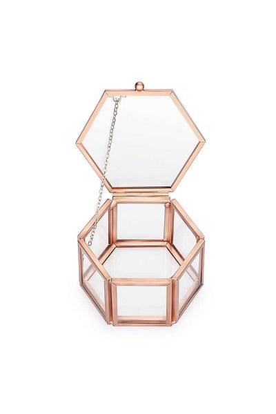 Lamsit Ibdaa Glass Trinket Box, Hexagon, Rose Gold, Keepsake Organizer (Hexagon)
