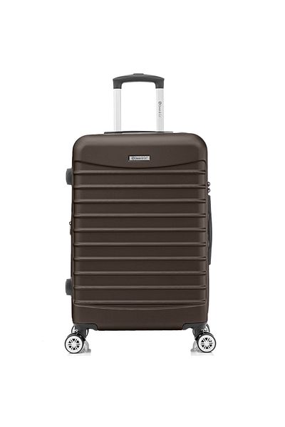 Quasar & Co. Large expandable trolley 77x49x31-36cm, checked luggage, zipped trolley, 4 wheels, ABS suitcase, LINE, Dark Coffee