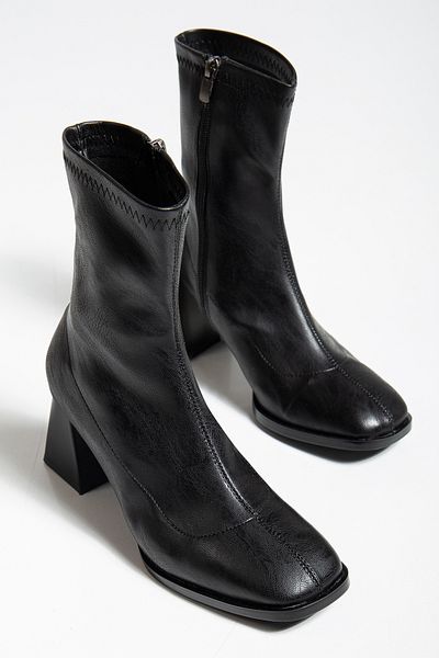 Ravens Shoes Women's Black Leather Stretch Ankle Length Thick Heeled Boots Shoes with Zipper