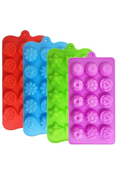 Generic مجموعة من 4 قوالب حلوى الشوكولاتة على شكل زهرة، قالب خبز سيليكون 15 ت...
