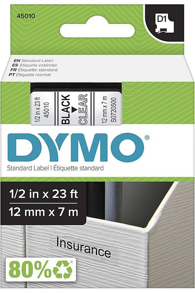 Dymo D1 Standard Tape Black on Clear 1/2"x23'