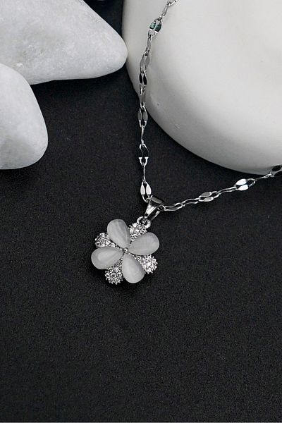 The Collection Flower Figured Zircon Stone Stone Silver Stainless Steel Women's Necklace