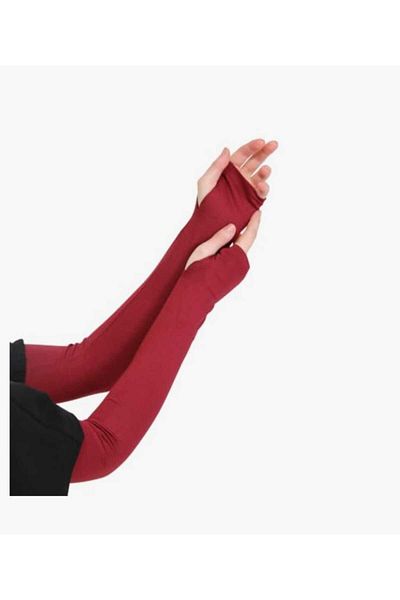 BİGÜMEX Practical Hijab Sleeve with Finger Hole Combed Cotton Prayer Sleeve Plain Claret Red