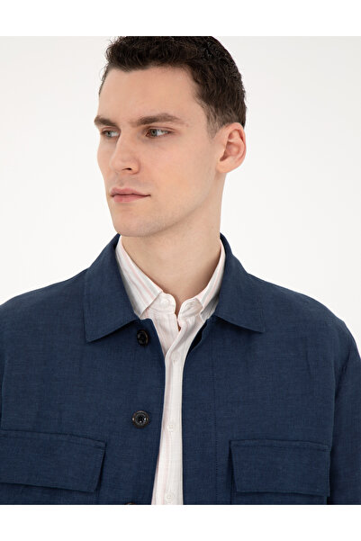 Pierre Cardin Navy Blue Regular Fit Linen Blend Button Jacket 50285546-Vr033