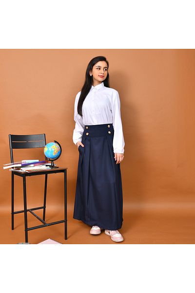 HAWRAA Elegant pleated skirt with a high waist, decorated with gold buttons and side pockets (navy blue)