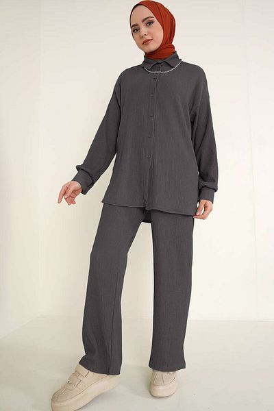 Merterium Women's Knitted Shirt Trousers Double Set Anthracite 1115
