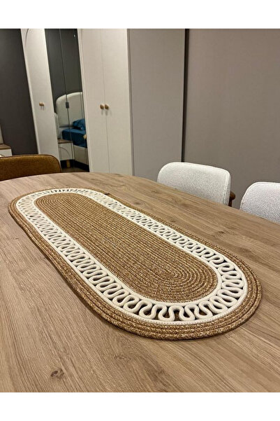 sfb Hand Knitted Jute Runner Oval Stripe Patterned Table Coffee Table Unite Top Decorative Cover Non-Slip Washable