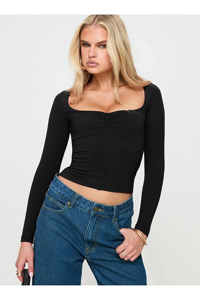 fablair Long Sleeve Square Neck Slim Fit Women's Crop Blouse