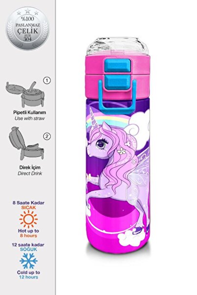 Coral High Kids Mor Pembe Unicorn Desenli Pipetli ve Direkt İçim Çelik Termos...