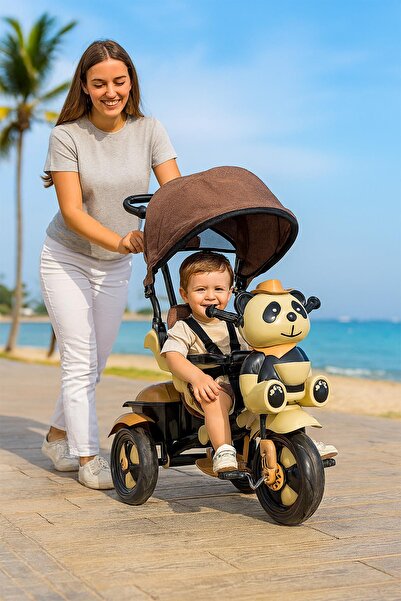 BabyHope Panda Figürlü 3 Tekerlekli Güneşlikli İtmeli Çocuk Bisikleti – Kahverengi Bej