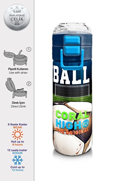 Coral High Kids Lacivert Futbol Desenli Pipetli ve Direkt İçim Çelik Termos 5...