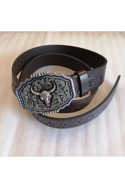 Butik Tülin Unisex Authentic Faux Leather Coffee Flower Printed Silver Patterned Buffalo Skull Cowboy Buckle Belt