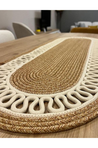sfb Hand Knitted Jute Runner Oval Stripe Patterned Table Coffee Table Unite Top Decorative Cover Non-Slip Washable