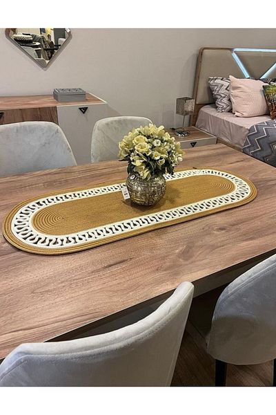 sfb Hand Knitted Jute Runner Oval Stripe Patterned Table Coffee Table Unite Top Decorative Cover Non-Slip Washable