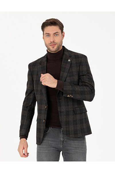 Pierre Cardin Καφέ Μάλλινο Καρό Μπουφάν Στενής Γραμμής 50273415-VR029