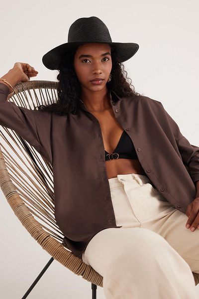 Tudors Women's Oversize Relaxed Fit Sports Collar Long Sleeve Basic Plain Brown Shirt