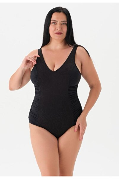 Eros 4071 Black Shiny Draped Gathered Plus Size Oversized Swimsuit