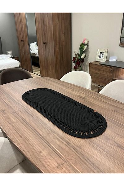 sfb Hand Knitted Jute Runner Oval Stripe Patterned Table Coffee Table Unite Top Decorative Cover Non-Slip Washable