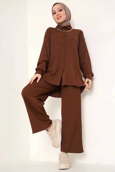 Merterium Women's Knitted Shirt Trousers Double Suit Brown 1115
