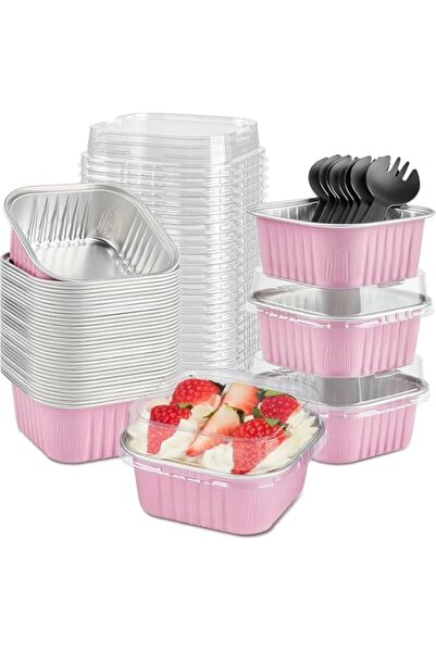 Generic JUNNUOAD عبوة من 50 قالب كيك صغير مربع 5 أونصة مع أغطية وملاعق، وأطبا...