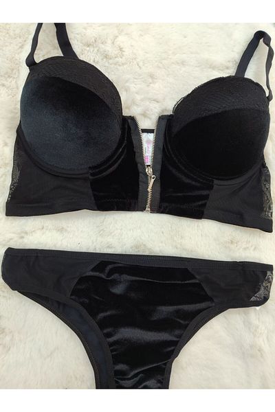 Love Angels - Economical Front Opening Zippered Velvet Fabric Soft Padded Bra - Underwear Set