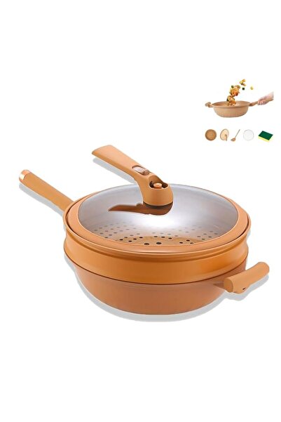 Generic مقلاة ووك طينية غير لاصقة من تابوساي مع سلة بخار، متعددة الوظائف من ط...