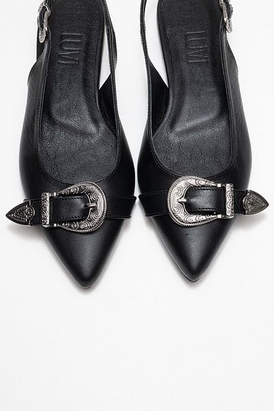 LuviShoes Dorothy Black Genuine Leather Buckle Pointed Toe Women's Sandals