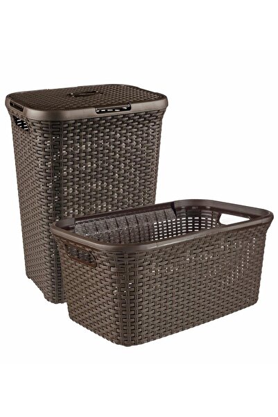 Saban 2'li Set Hasır Desenli Plastik Kahverengi Çamaşır Sepeti & Kahverengi Ç...