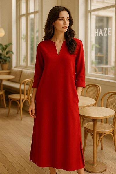 Hayalet Comfortable and Loose Fit V Neck Slit Long Red Dress with Pockets