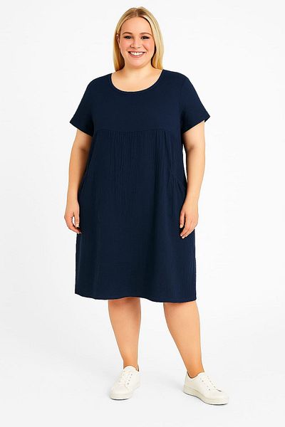 enmodaiçgiyim Plus Size 100% Cotton Muslin Fabric Navy Blue Knee-Length Women's Dress – Side Pockets, Comfortable Fit Summer