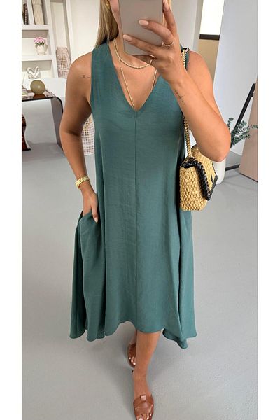 Sezgi Tekin V Neck Emerald Modal Asymmetrical Dress
