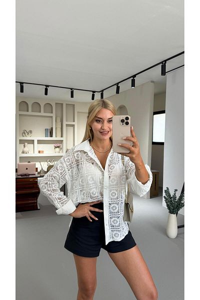 Sezgi Tekin Motif Detail Ecru Lace Shirt
