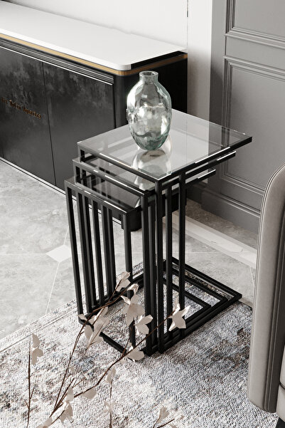 Dekoport Mira Zigon Sehpa Yan Sehpa Siyah Metal Temperli Şeffaf Cam