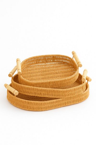 Fhilli Natura - Set of 3 Oval Rattan Wicker Serving and Presentation Trays Decorative Tray with Wooden Handles