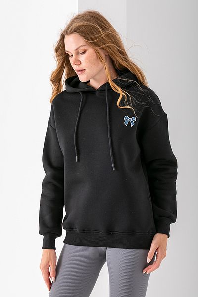 GİYSA Women's Hooded Stone Bow Embroidered 3-Strand Sweatshirt Black - 2623