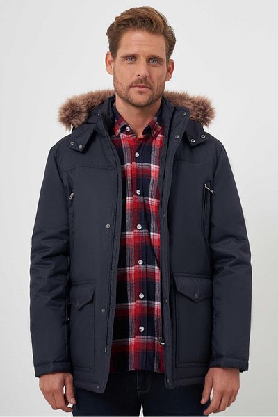 Morven Men's Navy Blue Snap Hooded Dynamic Fit Relaxed Cut Coat