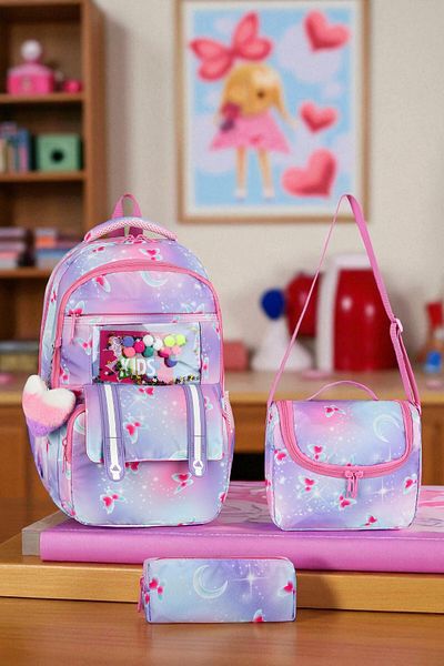 Shopiolog Girl's Primary School Orthopedic Set of 3 Pen Holder Lunch Bag with 3 Compartments Water Bottle