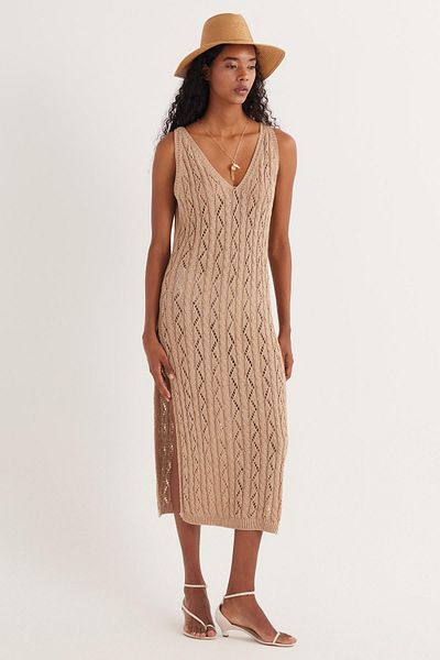 Tudors Women's Standard Fit Acrylic Knitted Patterned V-Neck Strap Brown Beach Dress