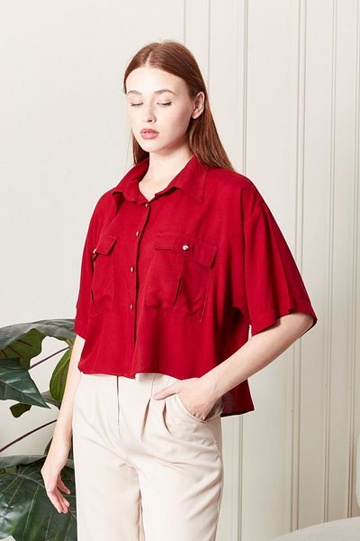 BNZ TEKSTİL Red Viscosse Fabric Women's Shirt with Pockets