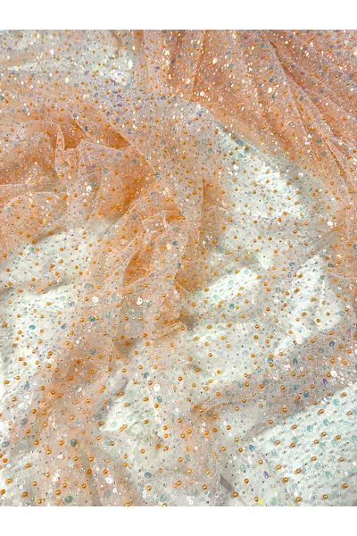 DENISA-DO Lace fabric with sequins and beads, peach 130 x 100 cm
