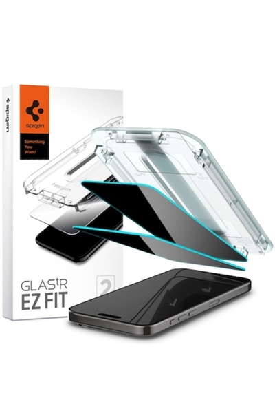 Spigen Protector de ecran cu aspect de confidențialitate EZ FIT pentru Apple iPhone 15 Pro Max, sticlă securizată, complet lipicios, rezistent la impact,