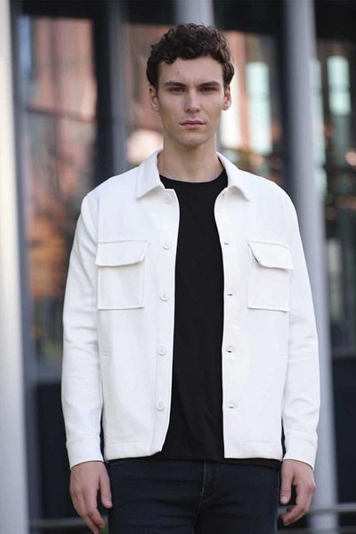 Morven Men's White Buttoned Flap Side Pocket Dynamic Fit Short Shirt Coat